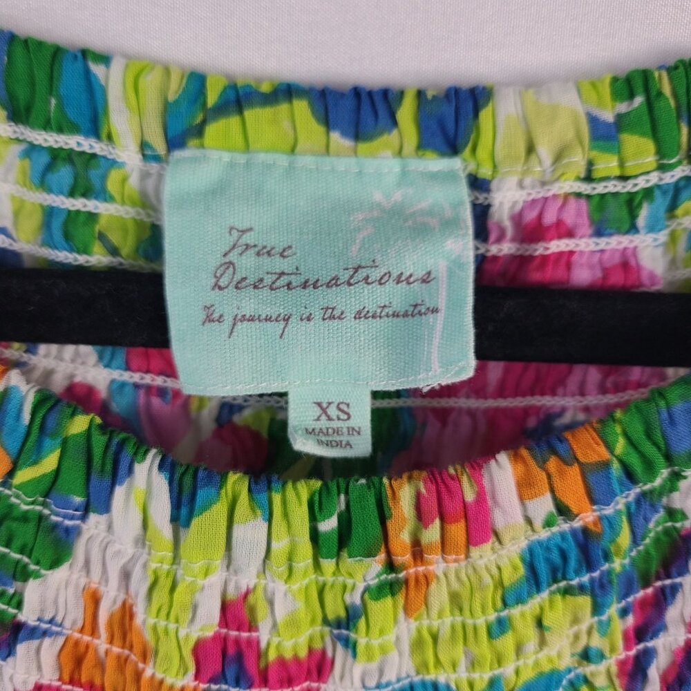 True Destinations Floral Off-Shoulder Bell Sleeve Pom Pom Hem Dress Sz XS - Picture 2 of 9